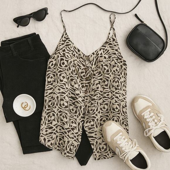 Banana Republic Cami Top Button Front Spaghetti Strap Beige Print XS Minimalist - Picture 2 of 9